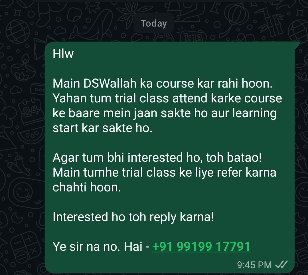 WhatsApp message from a DSWallah student in Lucknow referring a friend to the free trial class